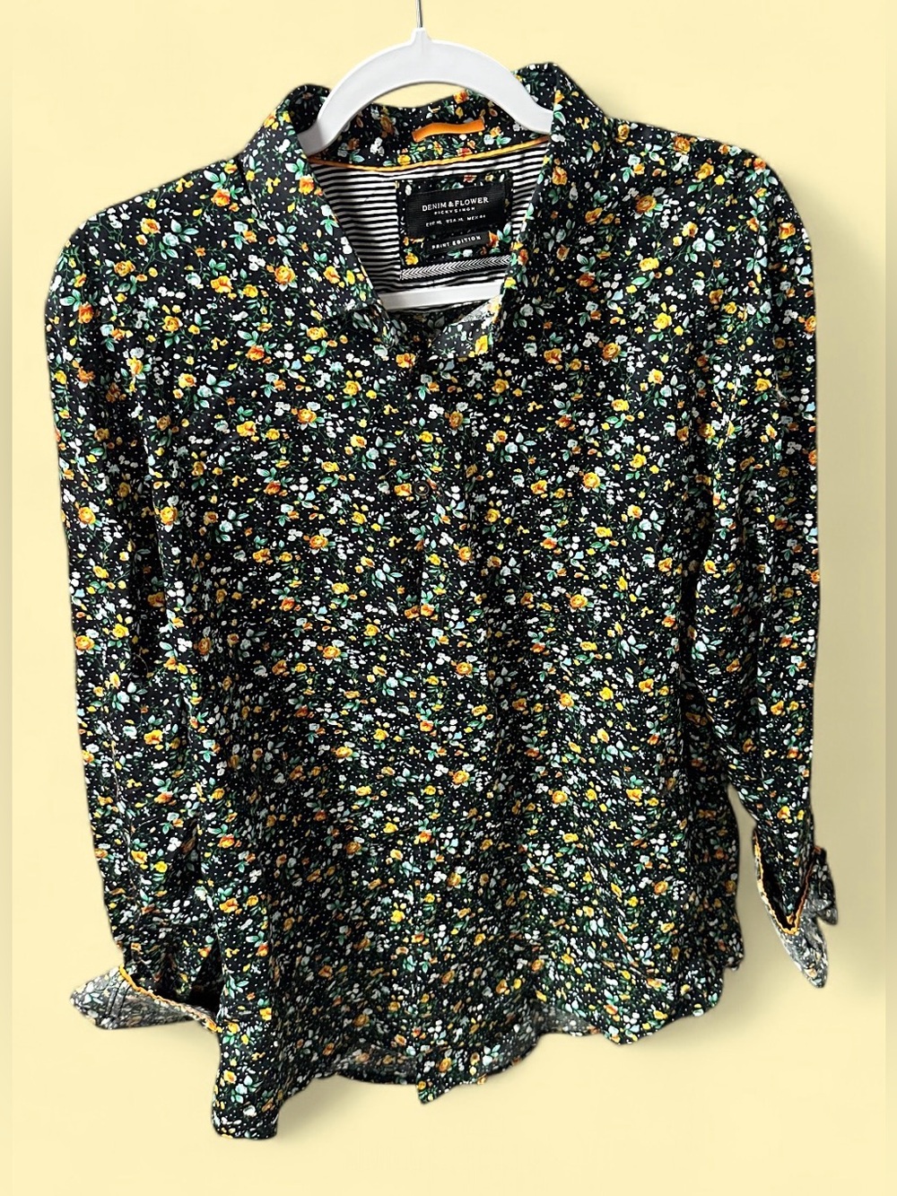 Denim & Flower Black Floral Print Top with Yellow Accents